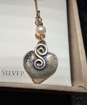 Paz Creations 925 Sterling Silver Pearl Heart Scroll Dangle Earrings - New